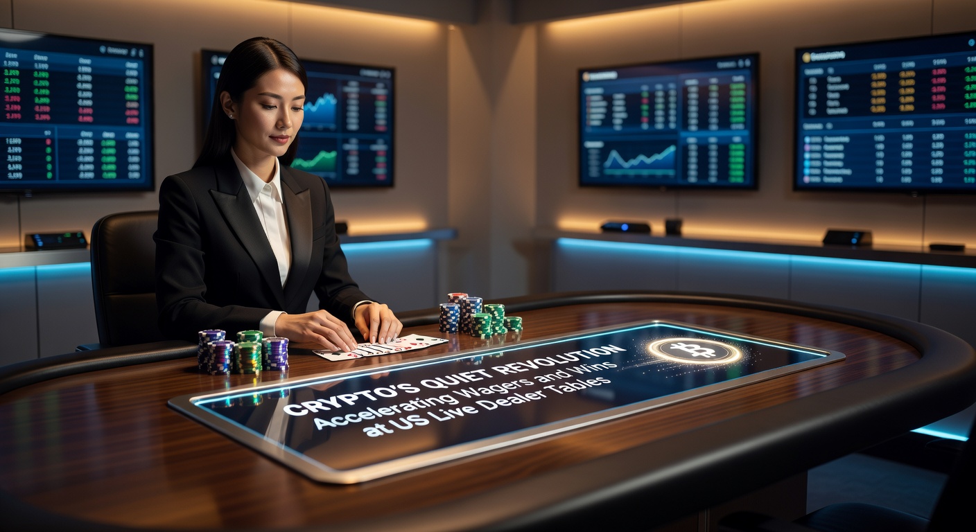 Digital cryptocurrency icons overlaying a live dealer blackjack table with cards and chips in motion, symbolizing fast-paced crypto betting in US online casinos