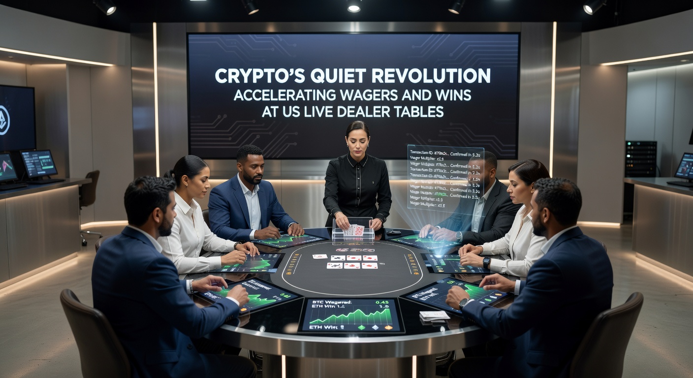 A sleek live dealer roulette wheel spinning under neon lights, with cryptocurrency transaction graphs rising sharply in the background, illustrating accelerated betting in real-time US casino action