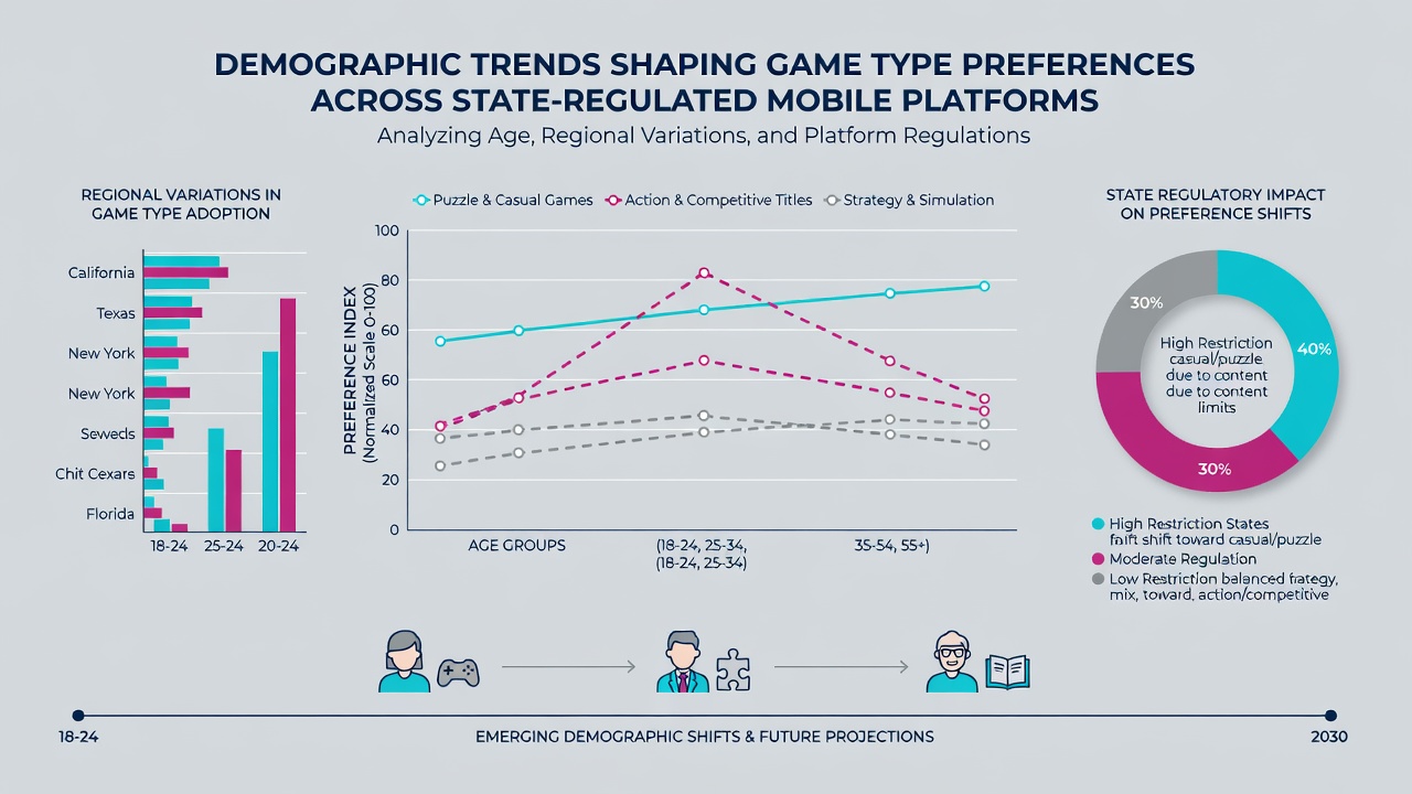 Mobile device usage statistics illustrating demographic splits in game category selections across US states