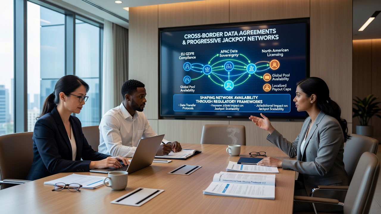 Licensed virtual platforms sharing progressive jackpot data under cross-border agreements