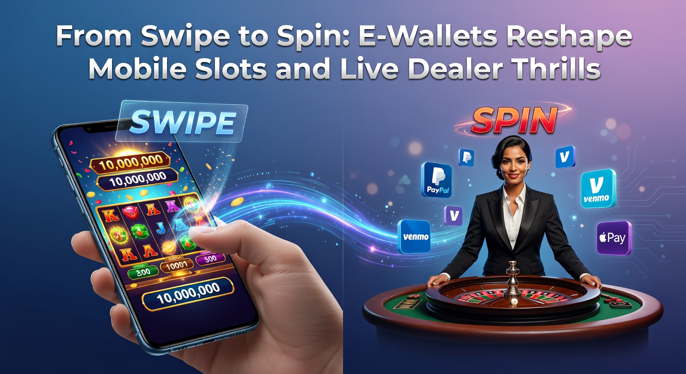 Vibrant mobile screen showing a slot machine spin activated via e-wallet deposit, with digital wallet icons glowing in the background