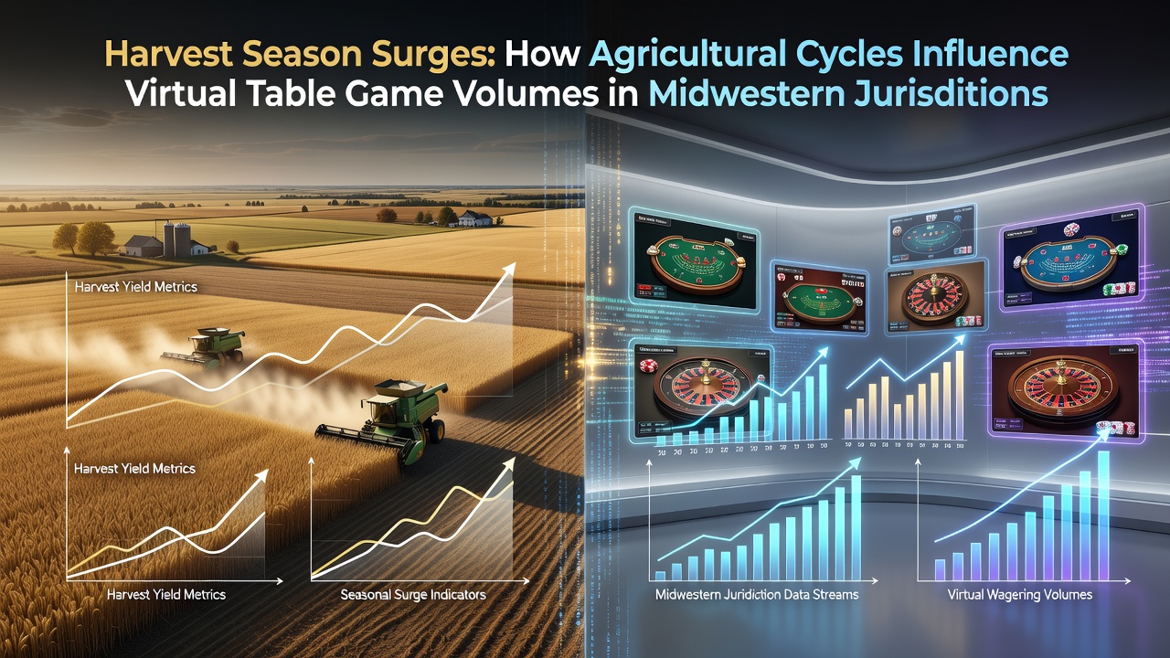 Midwestern farmland at harvest with combines working fields alongside icons representing online gaming activity