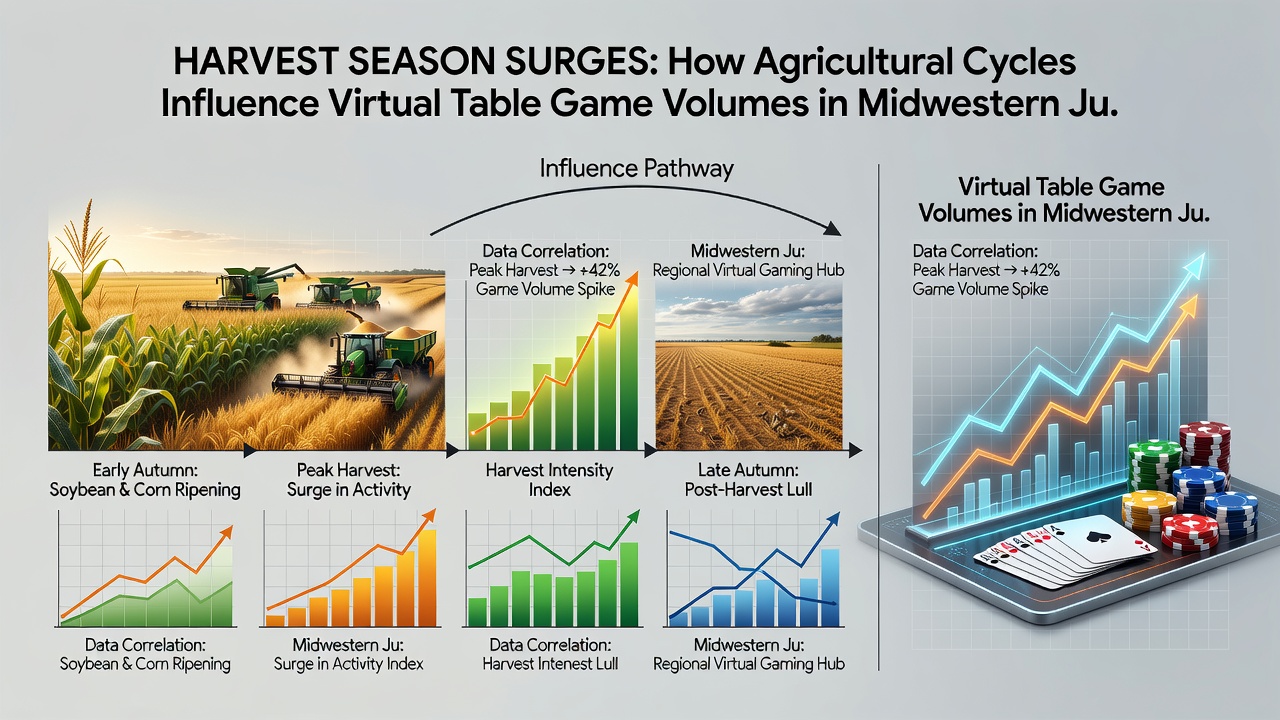 Graph overlay showing monthly virtual table game volumes rising during Midwest harvest months