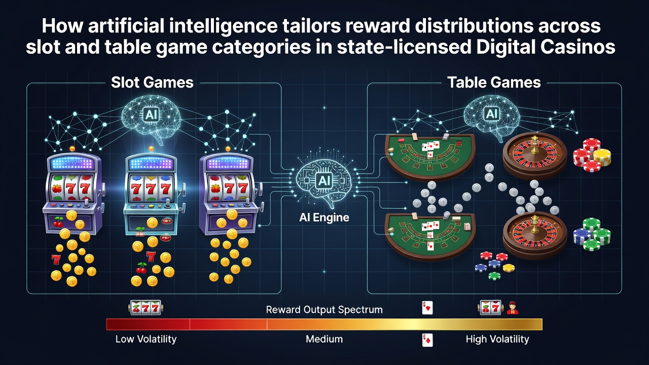 AI dashboard displaying reward distribution patterns between slot machines and table games in a regulated online casino platform
