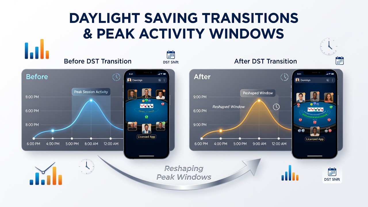 Mobile app interface showing virtual table game sessions during evening hours with clock overlay indicating daylight saving transition