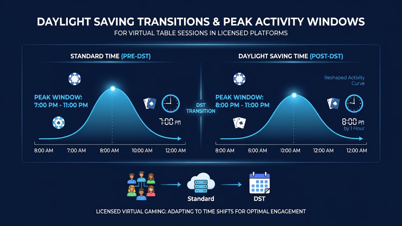 Analytics dashboard displaying peak activity graphs for virtual table sessions before and after daylight saving time change
