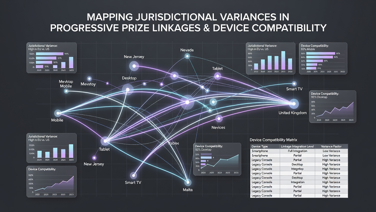 Mobile and desktop interfaces displaying synchronized progressive jackpot values across regulatory boundaries