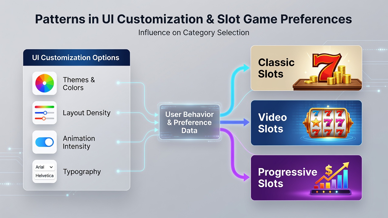 Data visualization charts showing correlations between UI customizations and slot category engagement metrics