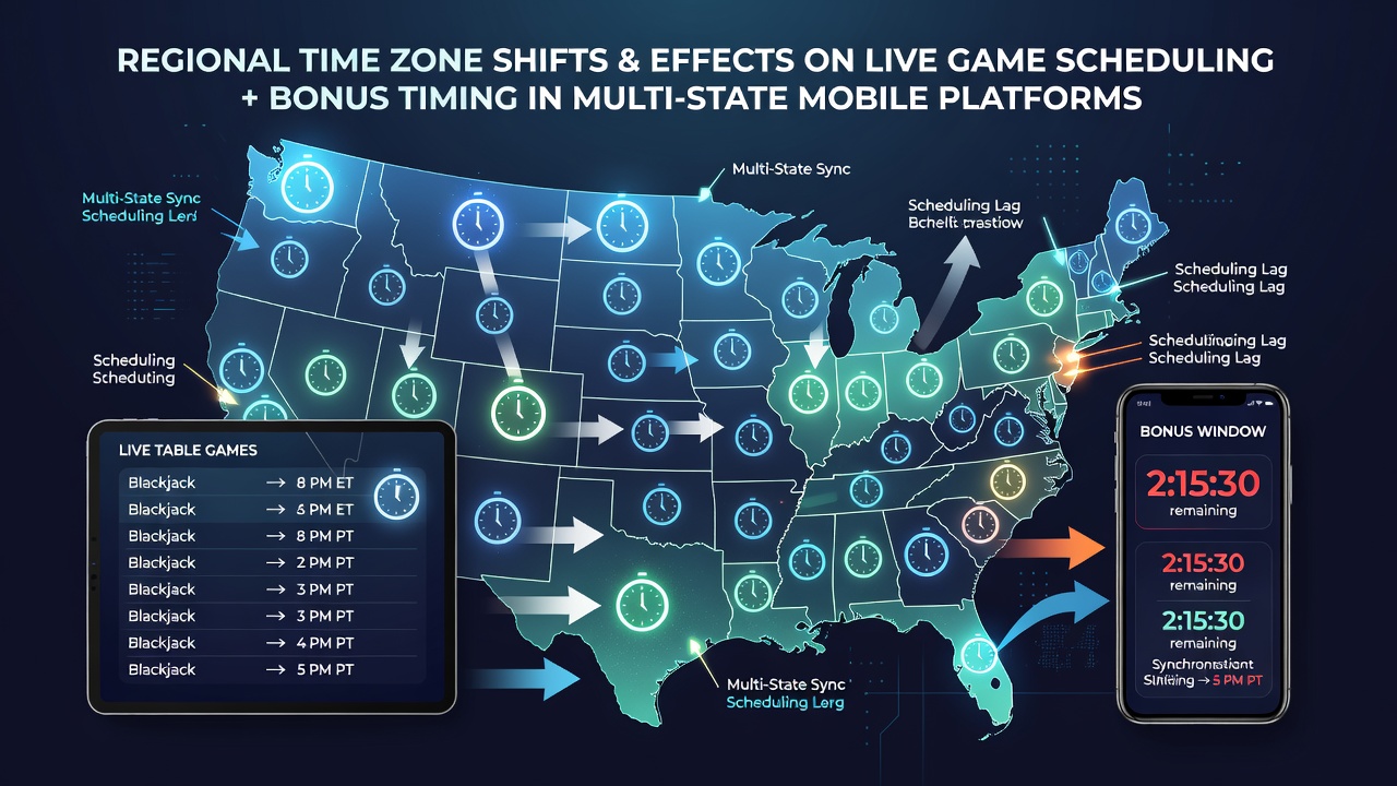 Multi-state mobile gaming interface displaying synchronized live table schedules across different time zones