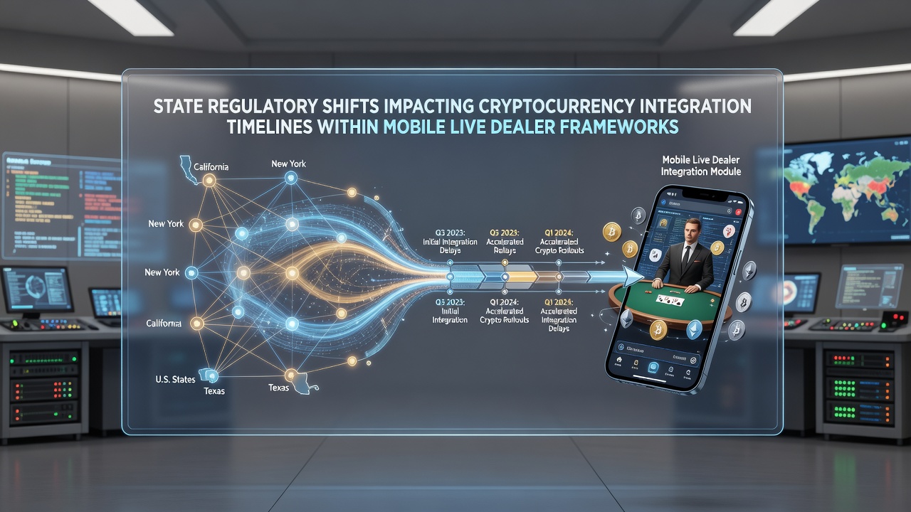 Regulatory officials reviewing cryptocurrency integration guidelines for mobile live dealer platforms in a state gaming commission office